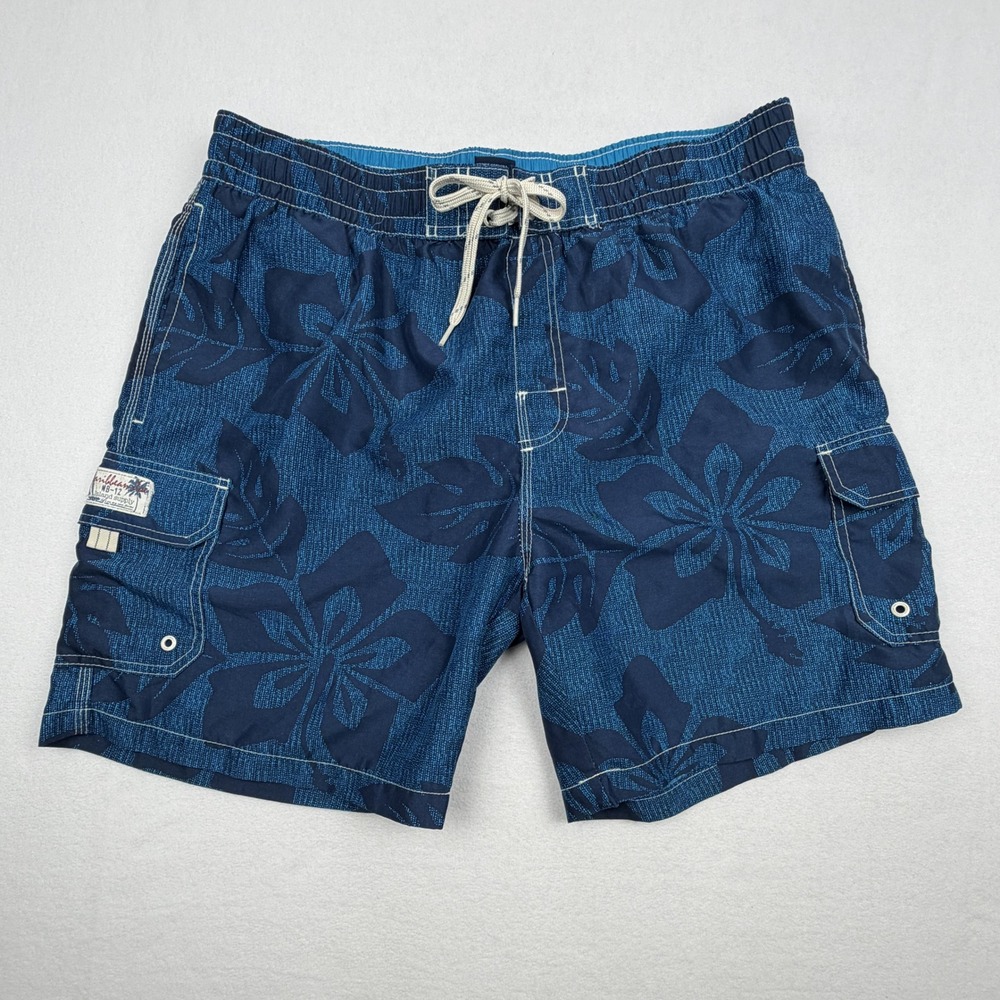 Caribbean Joe Mens XL Blue Hibiscus Floral Cargo Swim Trunks Board Shorts